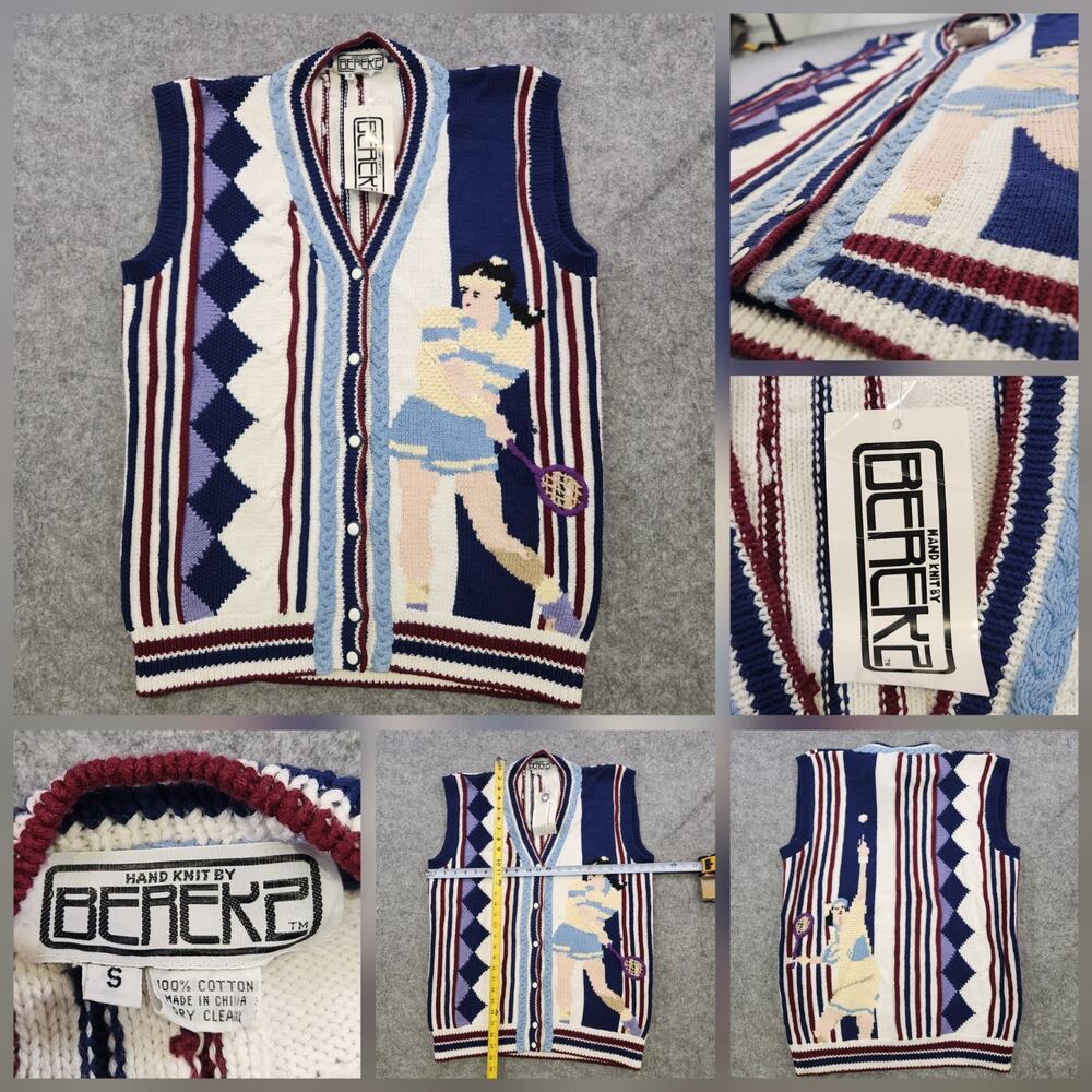 VTG Berek 2 Womens S Small Tennis Cotton Knit V Neck Cardigan Sweater Vest‎ NWT